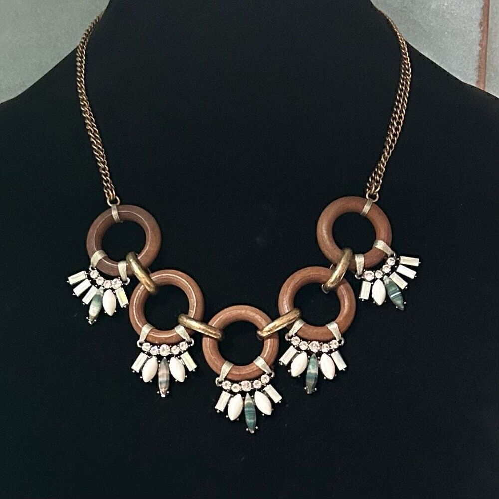 Gold-Tone Double Strand Chain Bib Necklace 16" Gemstone Linked Wooden Rings